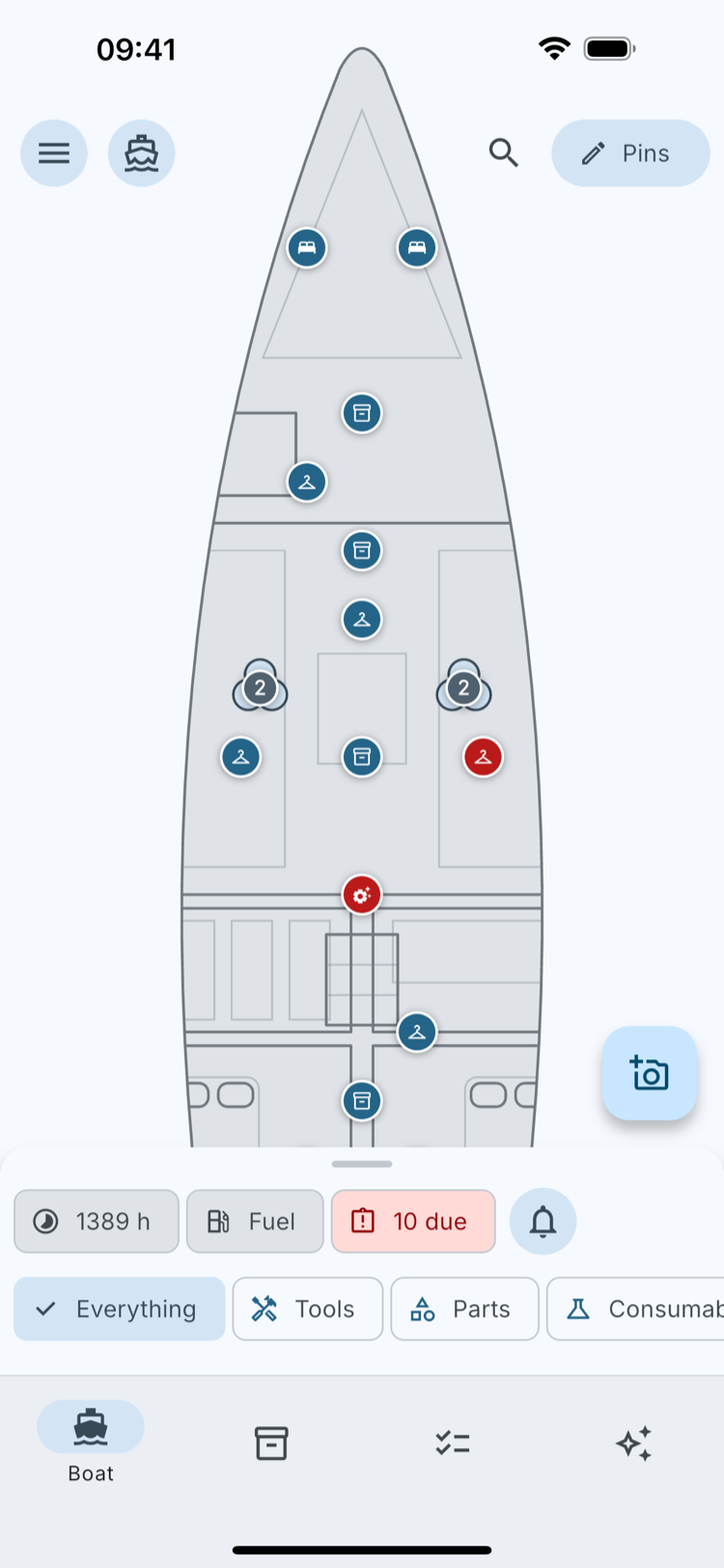 Le plan du bateau — l’écran d’accueil, chaque rangement une épingle